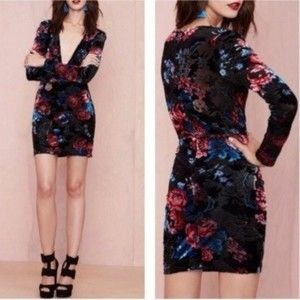 Nasty Gal sexy Bodycon Mini dress small black Velvet floral long sleeve BoxQ